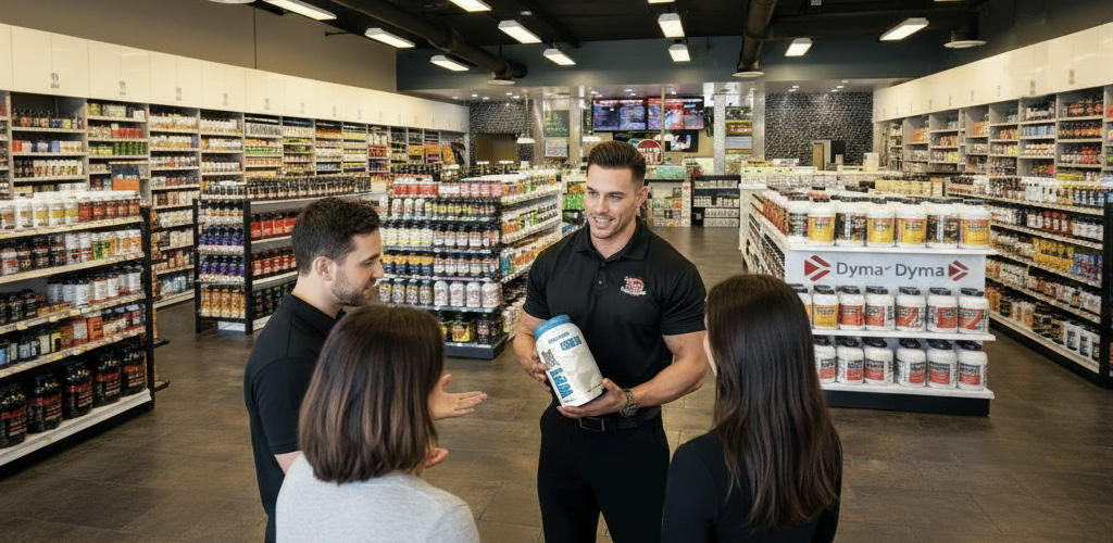 Man holding protein powder product while talking with a group inside a One Stop Nutrition store