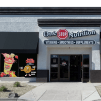 One Stop Nutrition store exterior featuring the brand logo and large window decals